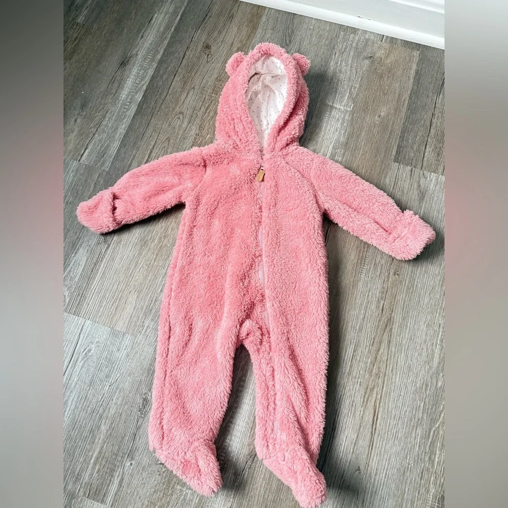 Carters Fleece Hooded Bear Bunting Outfit Teddy Pink One Piece Baby Size 3 6 Mos